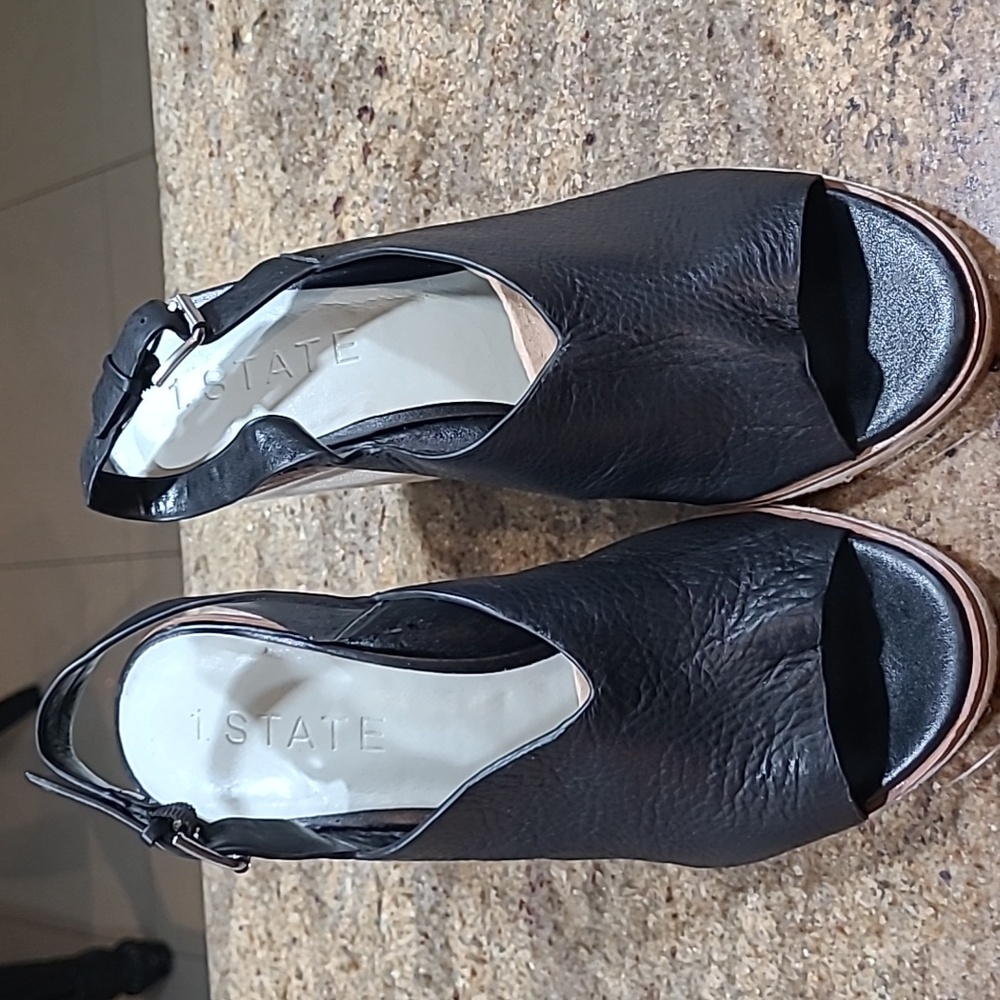 1. State Genna Black Leather Wedge Sandals Size EU39 / US 8.5